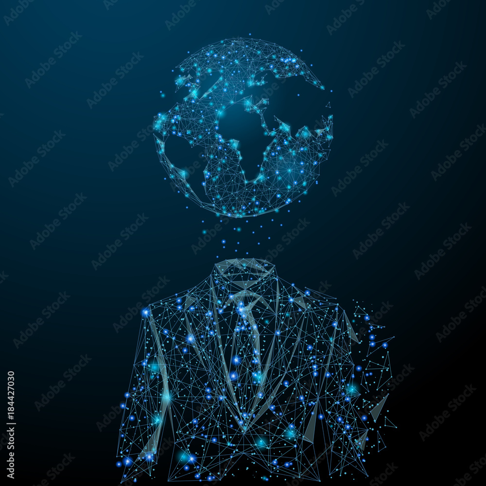 Poster vector abstract image of businessman in suit with planet in the form of a starry sky or space, consi