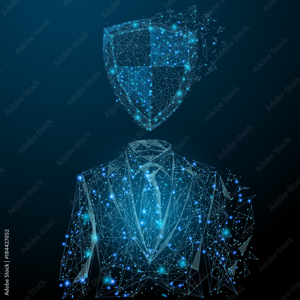 Aufkleber Abstract image of businessman in suit with shield in the form of a starry sky or space, consisting of points, lines, and shapes in the form of planets, stars and the universe. Vector protection