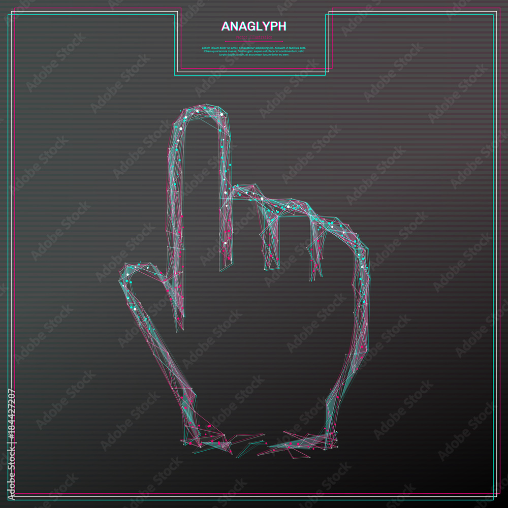 Fototapete Vector distorted glitch concept. Tv distortion 3D effect stereoscopic, anaglyph mouse pointer hand . Technological virtual green and red channels. Digital networking concept with anaglyph effect.