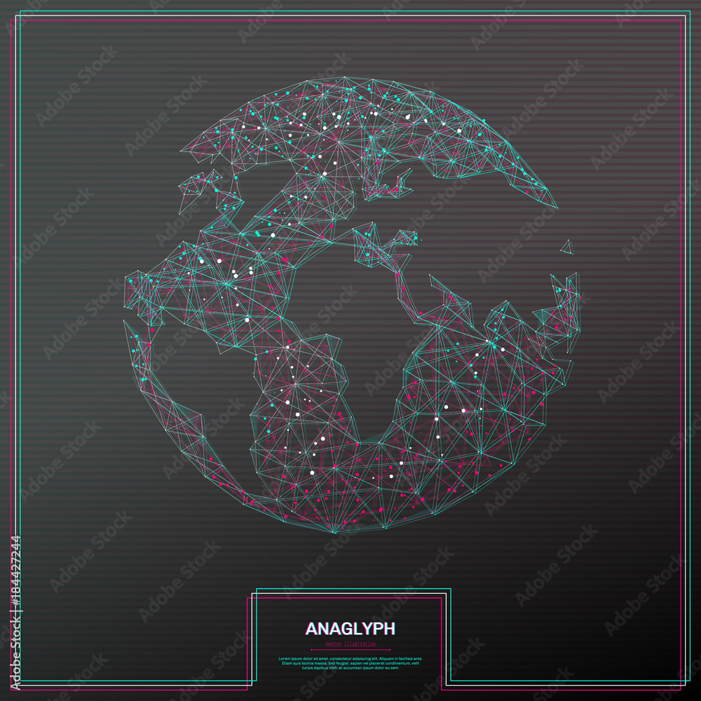 Leinwandbilder Vector distorted glitch concept Tv distortion 3D effect stereoscopic, anaglyph planet Earth. Technological virtual green and red channels. Digital networking concept with anaglyph effect. 3d rendering