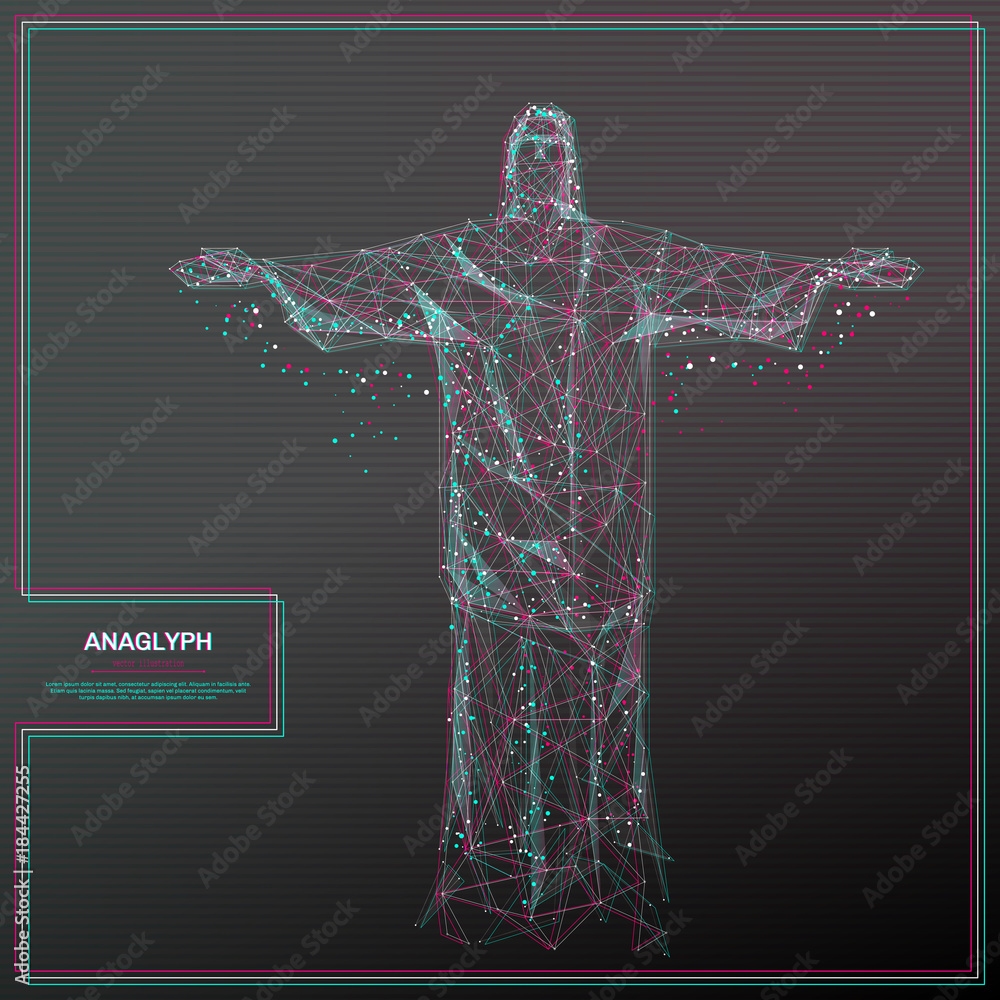 Aufkleber Vector distorted glitch concept. Tv distortion 3D effect stereoscopic, anaglyph the statue of Christ. Technological virtual green and red channels. Digital networking concept with anaglyph effect.