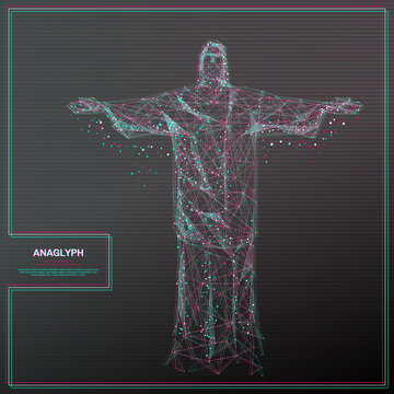 Vector distorted glitch concept. Tv distortion 3D effect stereoscopic, anaglyph the statue of Christ. Technological virtual green and red channels. Digital networking concept with anaglyph effect.