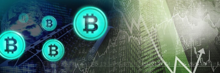 Bitcoin icons and economic finance market charts in city