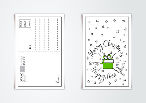 New Year greeting card design with line art stylized christmas gift and snowflakes. Vector illustration