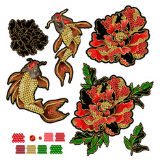 Set of patches with embroidery of Japanese koi carp and peony. Patches are decorated with sequins and beads. Vector illustration.