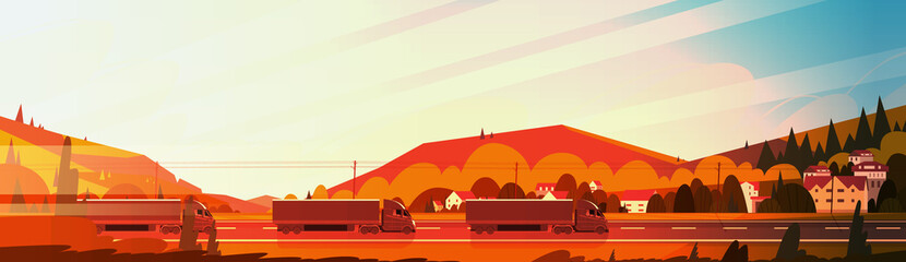 Big Semi Truck Trailers Driving Road Over Mountains Landscape At Sunset Horizontal Banner Vector Illustration