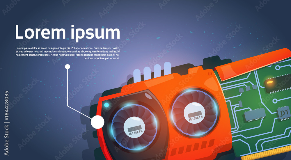 Poster computer chip micro processor motherboard system banner with space for text flat vector illustration