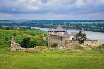 Aerial view of area of Khotyn Fortress in Ukraine over Dniester River