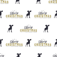Moose and merry christmas lettering pattern. Wild animal symbols seamless background. Moose icons. Retro xmas wallpaper. Vintage holiday Stock vector illustration isolated on white
