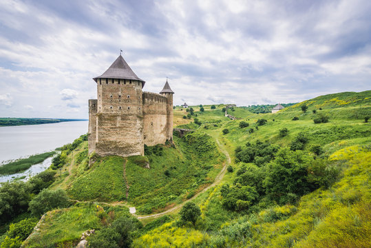 Aerial view of Khotyn Fortress over Dniester River in Ukraine