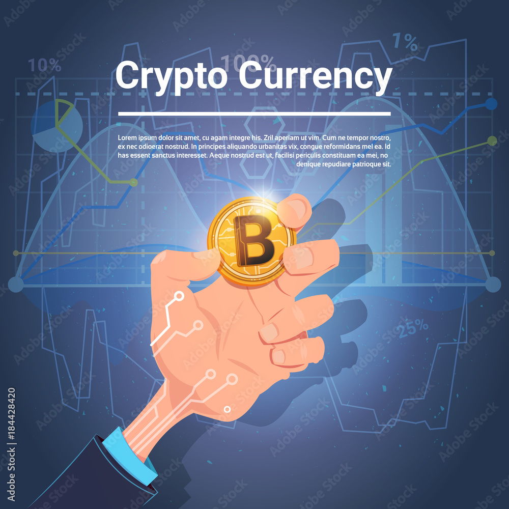 Poster hand hold golden bitcoin digital currency crypto web charts and graphs background vector illustratio