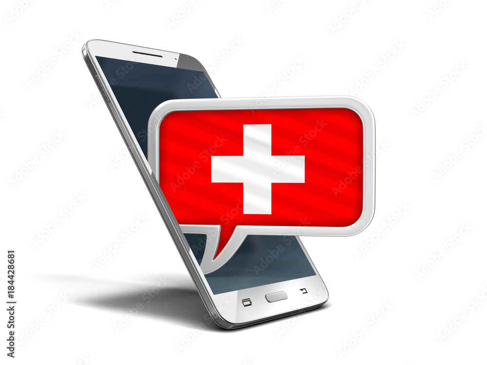 Poster touchscreen smartphone and speech bubble with swiss flag. image with clipping path