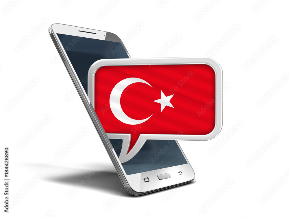 Poster touchscreen smartphone and speech bubble with turkish flag. image with clipping path