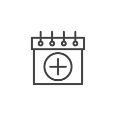 Add calendar line icon, outline vector sign, linear style pictogram isolated on white. Calendar with plus symbol, logo illustration. Editable stroke