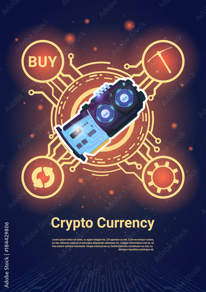 Poster crypto currency bitcoin microchip banner with copy space digital web money concept vector illustrati