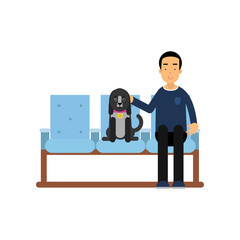 Man sitting in waiting hall with his pet dog and expecting for visiting a doctor, colorful cartoon vector Illustration
