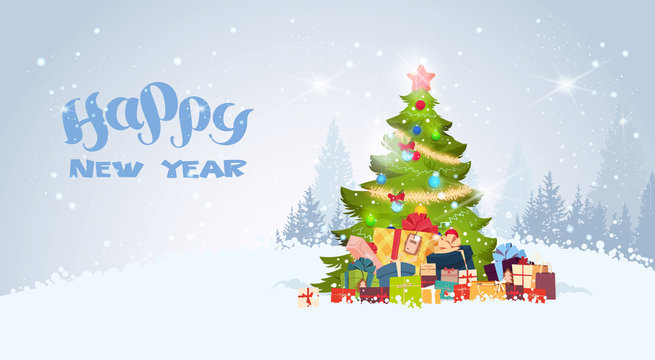 Happy New Year Background With Decorated Christmas Tree Over Snowy Winter Forest View Flat Vector Illustration