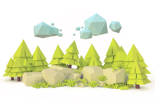 landscape forest valley rock isolatedlow poly art 3d render