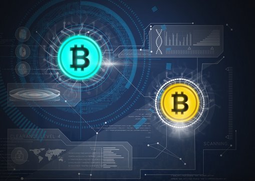 Bitcoin icons with circuit energy and technology graphics