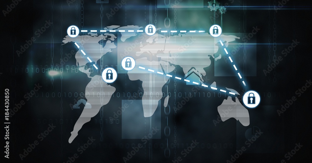 Poster security lock icons connecting on map
