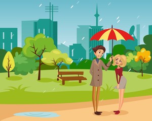 Happy couple under one big striped umbrella walking in the park, rainy weather concept cartoon vector Illustration