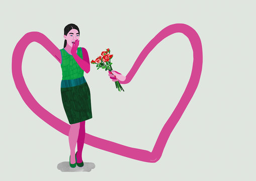 Woman surprising herself with flowers