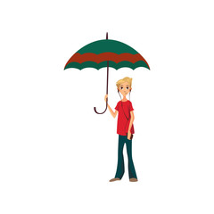 Cute boy under big umbrella, rainy weather concept cartoon vector Illustration