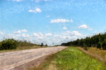 Fototapeta na wymiar steppe road along the vast fields. Watercolor landscape