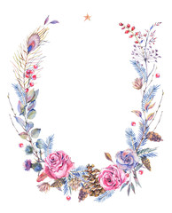 Watercolor vintage roses, thistles, wildflowers