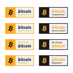 Bitcoin accepted payment button. World crypto currency BTC icon flat design template with text 'bitcoin accepted here' and 'we accept bitcoin'. banner, sign, badge, emblem, sticker, label.