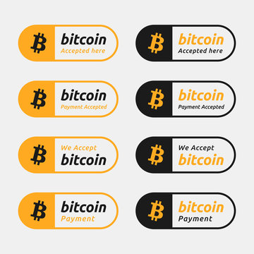 Bitcoin accepted payment button. World crypto currency BTC icon flat design template with text 'bitcoin accepted here' and 'we accept bitcoin'. banner, sign, badge, emblem, sticker, label.