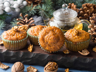 Home made Carrot spiced muffins with walnuts. Winter holiday treat