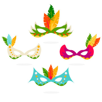 Vector colorful carnival masks icon set isolated on white.