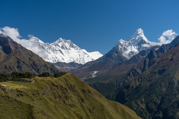 Everest, Lhotse, and Ama Dablam mountain peak view from Namche Bazaar, Everest  region, Nepal