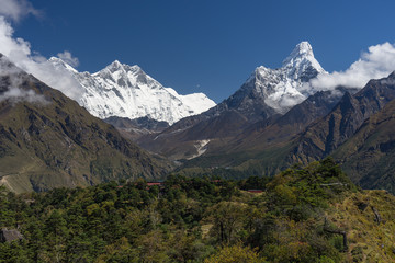 Fototapeta na wymiar Everest, Lhotse, and Ama Dablam mountain peak view, Everest region, Nepal