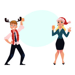 Man and woman having fun, drinking at corporate Christmas party, cartoon vector illustration with space for text. Man and woman celebrating Christmas, wearing Santa hats, drinking champagne