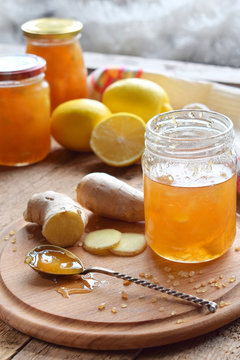 Homemade Ginger And Lemon Jam On Wooden Background. Natural Products To Support The Immune System In Winter. Herbal Medicine, Healthy Food.