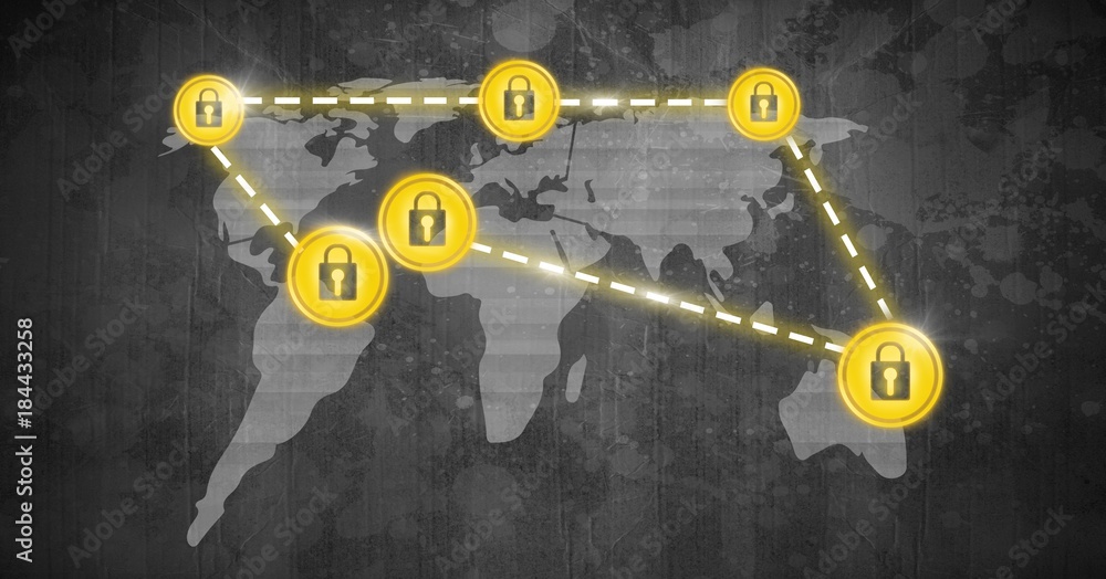 Poster security lock icons connecting on map
