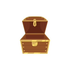 Open empty wooden pirate treasure chest, front view, flat style cartoon vector illustration isolated on white background. Flat style treasure chest, new and empty, nothing inside
