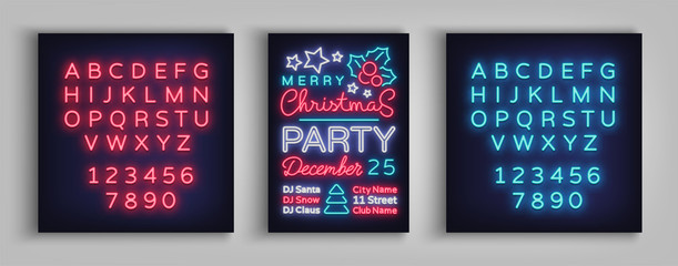 Naklejka premium Christmas party invitation, brochure, poster. Merry Christmas, festive card in neon style. Postcard, flyer, bright sacred banner, neon advertising for your holiday projects. Editing text neon sign