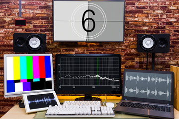 multi display in digital visual & audio editing studio or broadcasting studio