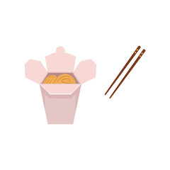 vector flat asian wok udon noodles in paper box with bamboo sticks. Stir fry eastern fastfood icon for menu design. Isolated illustration on white background