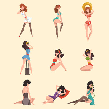 Set of seductive pin up girls in sexy clothing. Females standing and sitting in different posses. Sensual stylish women. Vector characters collection