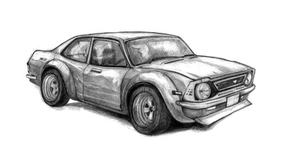 Naklejka premium Ładny stary samochód szkolny. Pięknie rysowane ręcznie grafiką z pojazdem wyścigowym. Szkic ołówkiem.