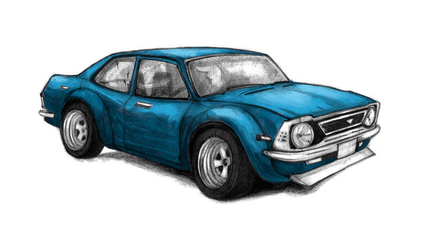 Nice old school car. Beautifully drawn by hand graphic illustration with a blue racing vehicle. Pencil sketch.