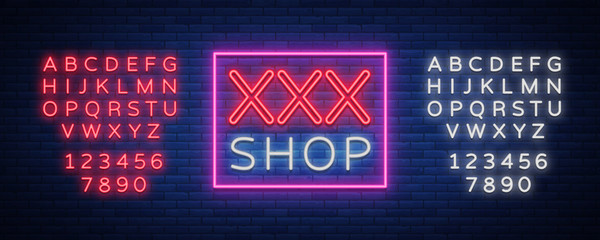 Sex shop logo, night sign in neon style. Neon sign, a symbol for sex shop promotion. Adult Store. Bright banner, nightly advertising. Vector Illustration. Editing text neon sign. Neon alphabet