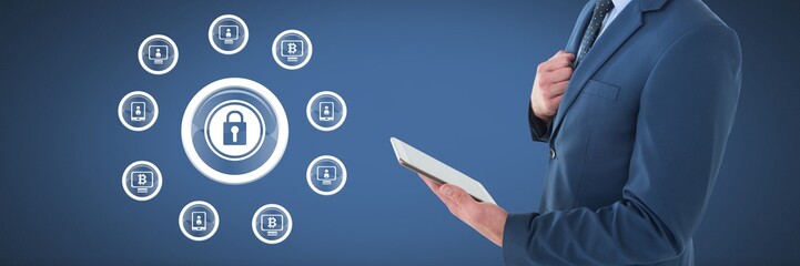 businessman holding tablet and security lock icon with device