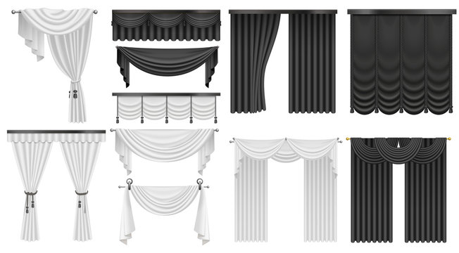 Black And White Velvet Silk Curtains And Draperies Set. Interior Realistic Luxury Curtains Decoration Design.