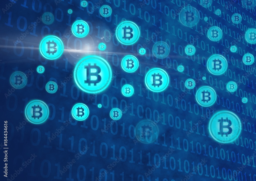 Poster bitcoin graphic icons and binary code