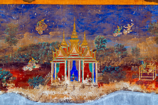 Frescoes of Reamker Painted wall on religious subjects, describing history of the Kampuchea in Royal Palace in Phnom Penh, Cambodia